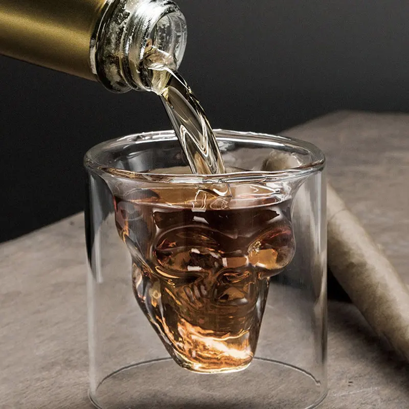 Wholesale Halloween Skull Head 25ML Wine Glass Double-Layered Transparent Crystal Coffee Mug Drinking Bar Club Whiskey Beer Cup