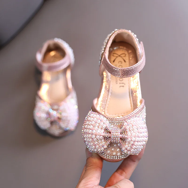 Strass infantil Pérolas Borboleta Sapatos Solteiros, Meninas Sapatos de Princesa, Festa de Casamento, Dança, Crianças, Novo, E729, 2024