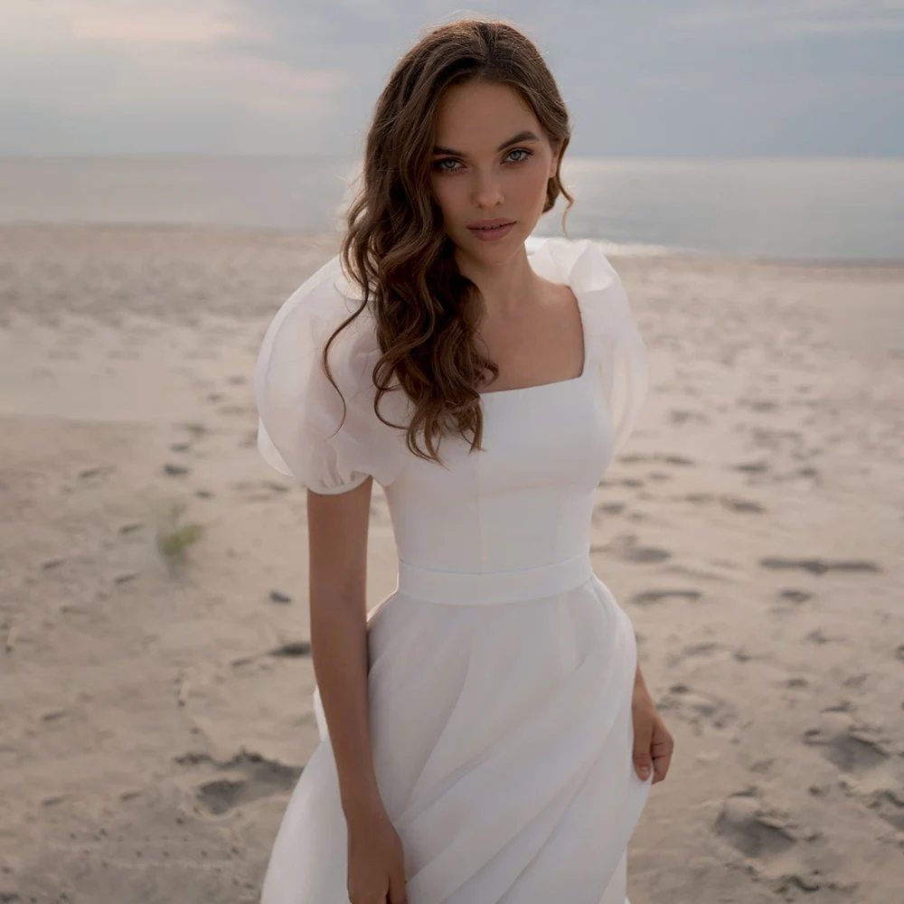 Vestido de boda de Organza con cuello cuadrado y mangas farol cortas, vestido de novia hecho a medida, de princesa, Espalda descubierta, sencillo, largo, para playa, 2021