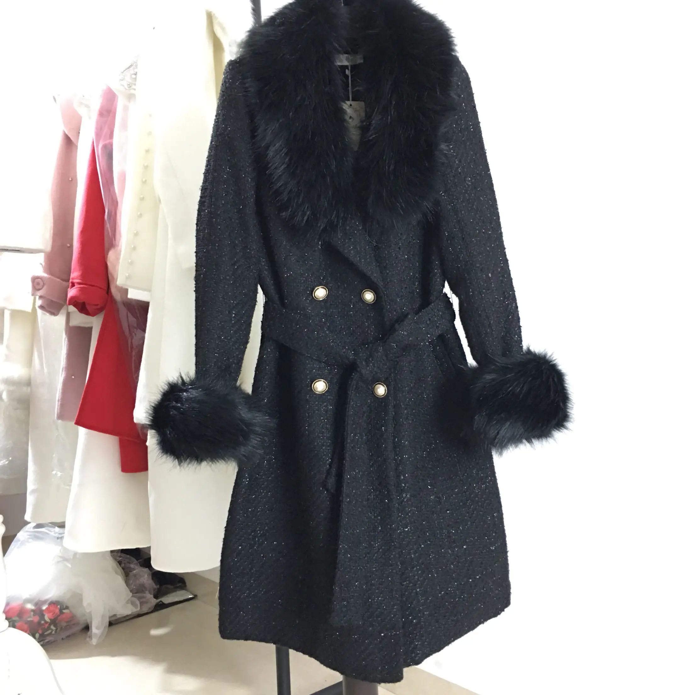 autumn winter small fragrance tweed woolen coat women bright silk mid-length slim fur collar double breasted overcoat