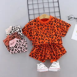 Conjuntos de ropa para niñas, camisetas de manga corta y pantalones cortos de algodón con estampado de leopardo de 2 piezas, trajes deportivos informales, novedad de 2024