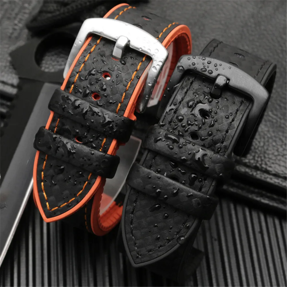 Carbon Fiber Leather Silicone Bottom Strap Men Waterproof Rubber Wrist Band Accessories For Omega CITIZEN MIDO 20mm 22mm 24mm