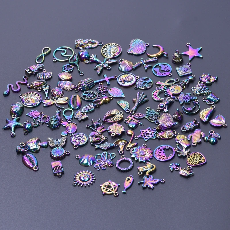 100 pcs/Lot Mix Rainbow Charm Pendant Animal Food Charms For Jewelry Making DIY Moon Sun Accessories Vintage Handmade Materials
