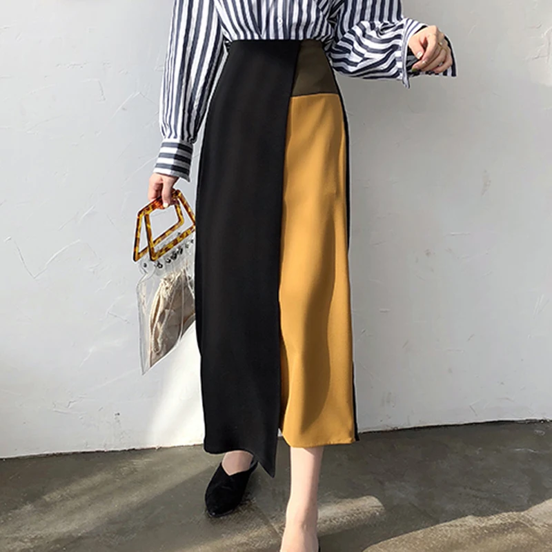 

YAMDI women patchwork skirt female chic irregular chic a-line midi skirt spring autumn 2020 high waist korean slim runway lady