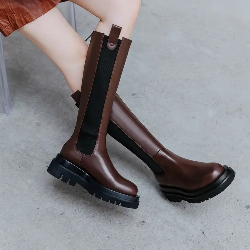 MORAZORA Size 34-43 New Genuine Leather Boots Women Chunky Platform Knee High Boots Female Winter Motorcycle Boots Zip Shoes