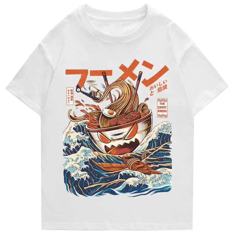 Japanese Harajuku T-Shirt Men 2021 Summer Hip Hop T Shirts Noodle Ship Cartoon Streetwear Tshirts Short Sleeve Casual Top Cotton