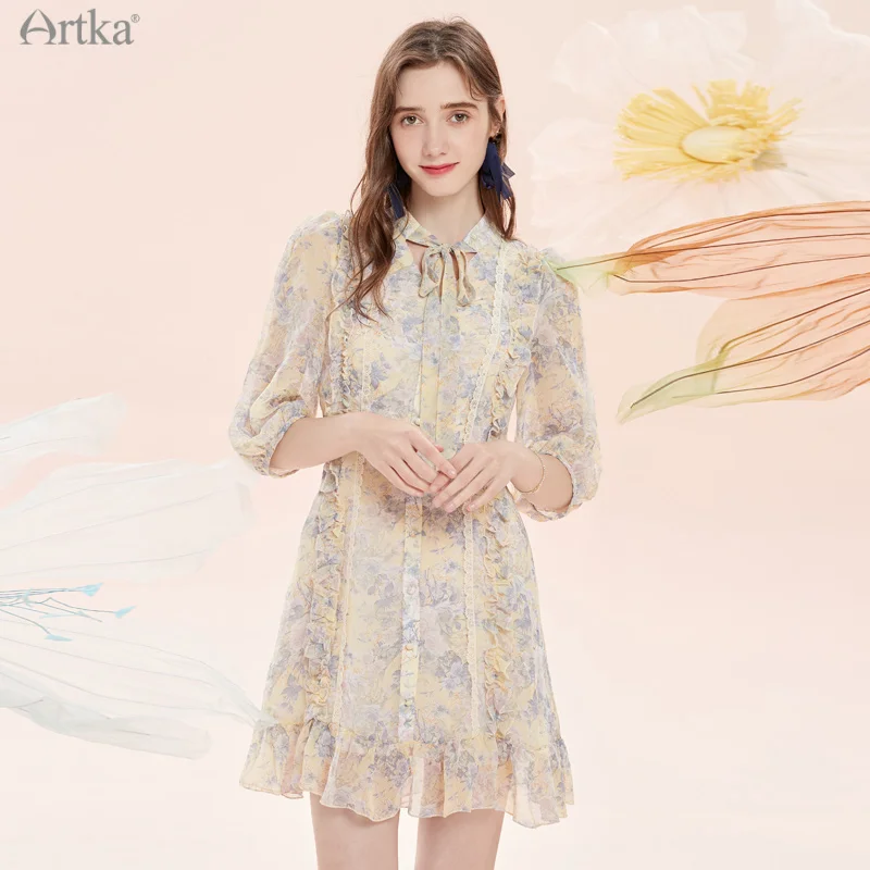 

ARTKA 2021 Summer New Elegant Floral Ruffles Chiffon Dresses Bow Lace Up Collar Lantern Sleeve Midi Shirt Dress Women LA29110X