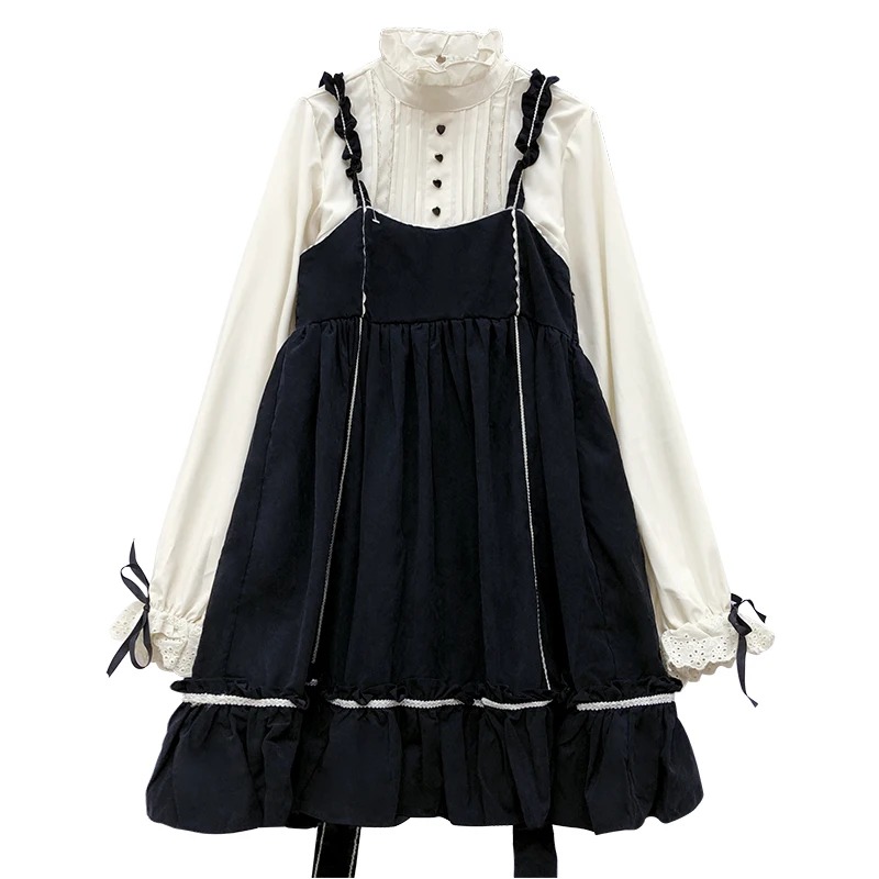 Robe Lolita rétro à manches longues pour femmes, chemise, haut, bretelles, corps complet, ensemble deux pièces, gothique, vêtements kawaii loli