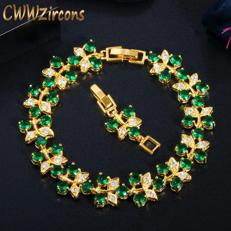 

CWWZircons милый дизайн листьев индийский желтый золотой цвет зеленый кубический цирконий браслет из натурального камня для женщин ювелирные и...