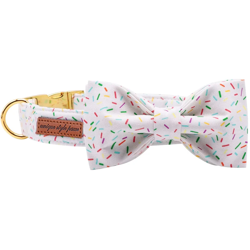 Unique Style Paws Cotton Dog Collar with Bowtie White Birthday Puppy Collar for Small Medium Large Dog