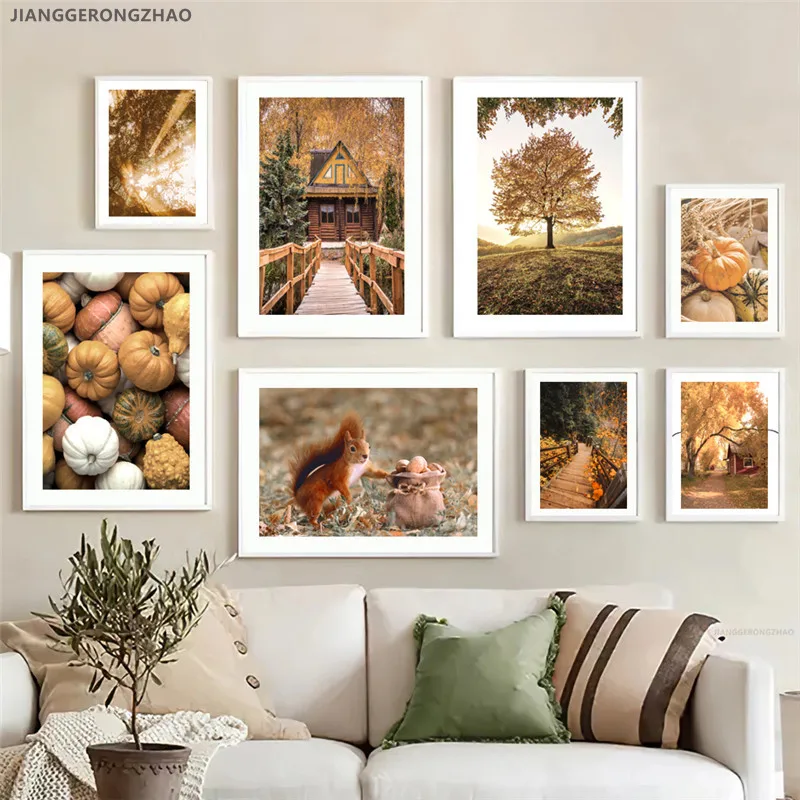 Nature Landscape Picture Canvas Painting Wall Art Autumn Scenery Pumpkin Maple Leaf Quote Poster and Print for Home Wall Decor