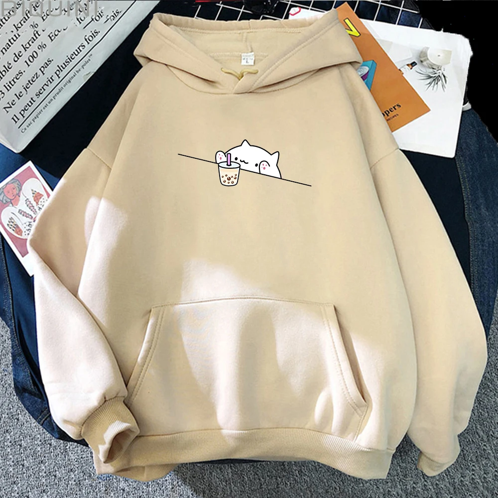 Bubble Tea Printed Casual Pullovers Vintage Cartoon Female Hooded Clothes 2021 New Women Hoodies Kawaii Cat and Boba Sweatshirts