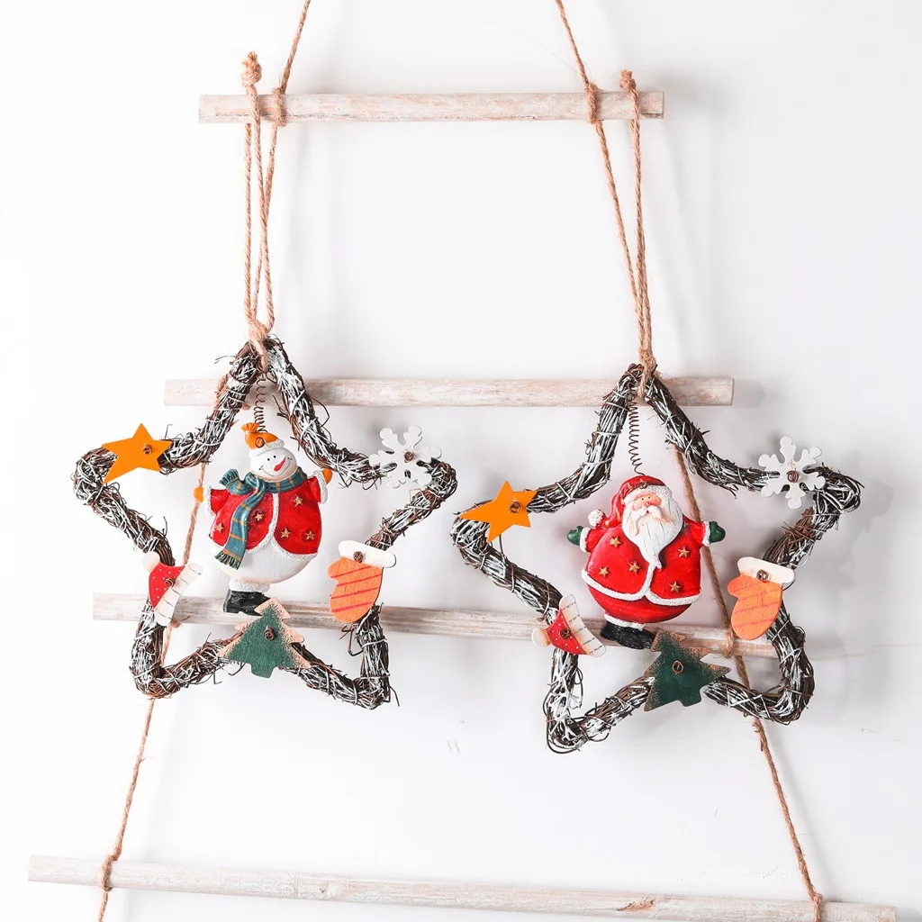 2021 Christmas retro style Santa Claus snowman star vine wreath door hanging coffee shop door decor Christmas decoration pendant