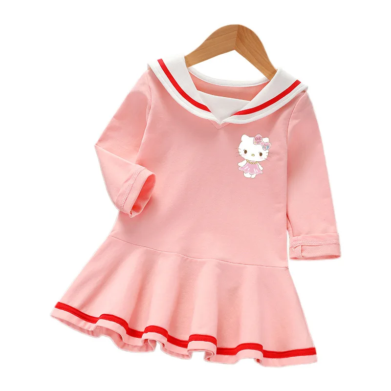 Hello Kitty New Children\'s Clothing Spring and Autumn Girl Cotton Long-sleeved Ruffle dress baby cute College Style girls skirt