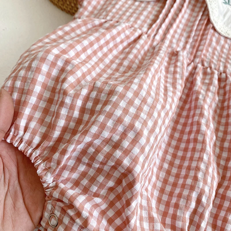 Kleinkind Baby Mädchen Grid Stickerei Kleider Sommer Mädchen Baby Romper Kleinkinder Baumwolle Kurzarm einteiliges Strampler – Detail 9