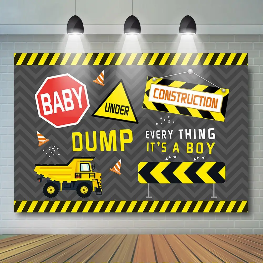 

Construction Baby Shower Backdrop Excavator Traffic Sign Photo Background It's a Boy Baby Shower Party Decorations