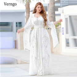 Verngo New Dubai Kaftan White Two Pieces Evening Dresses Silk Chiffon V Neck Long Open Sleeves Sash Lace Applique Prom Gowns