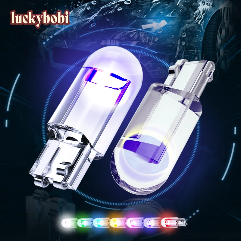 

2pcs W5W T10 LED Lamp Car Bulb Epoxy Resin Cob 12V 6000K 7 Colors Wedge License Plate Lamp Dome Indicator Reading Light White