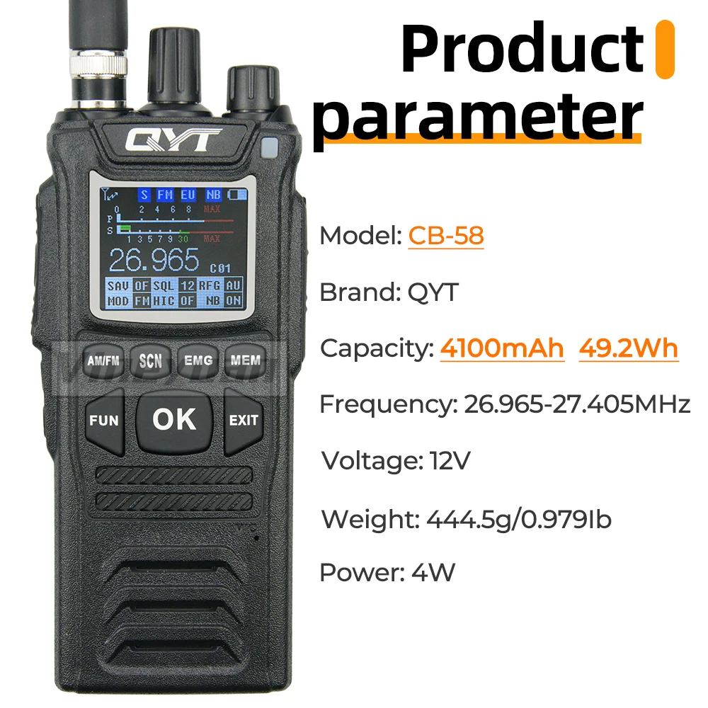 Imagem -05 - Qyt 27mhz Cb58 Rádio Padrão Handheld 40 Canais am fm Rádio cb 4w Handheld Walkie Talkie 26.96527.405mhz Novo