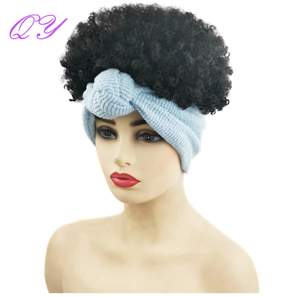 Headband Synthetic Women's Wig Short  Black Afro Kinky Curly Wig Blue Hair Band Fluffy Woman Scarf High Temperature Wigs