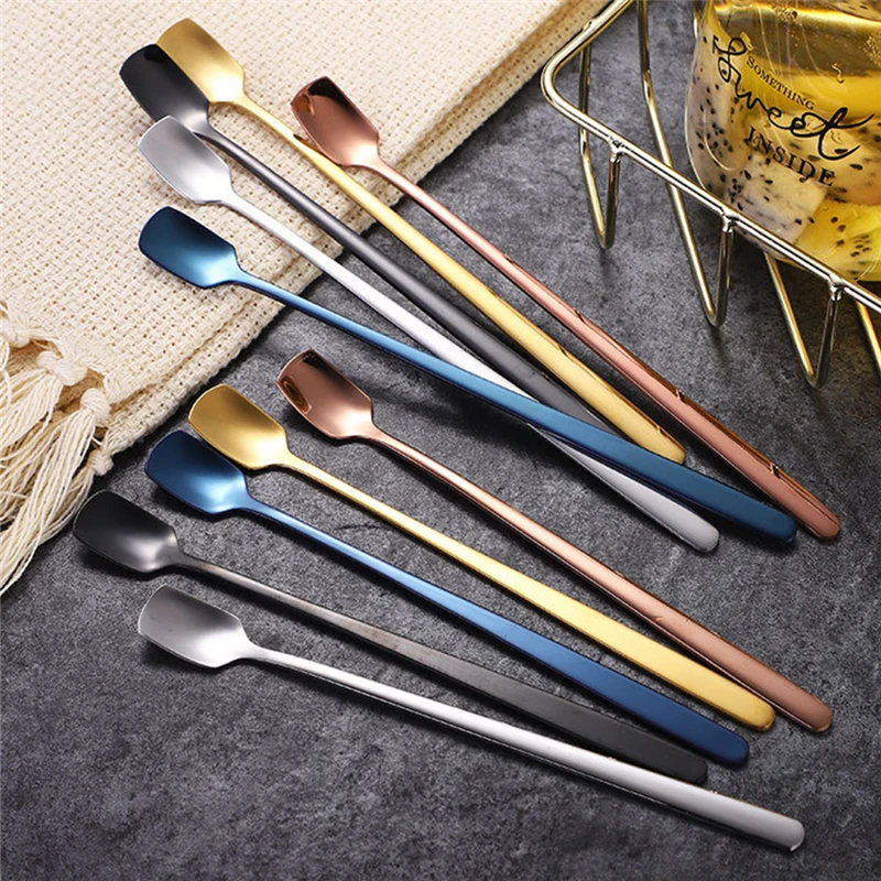 1PC Square Head Coffee Stirring Spoons Stainless Steel Long Handle Colorful Teaspoon  Dessert Scoops Tableware Kitchen Utensils