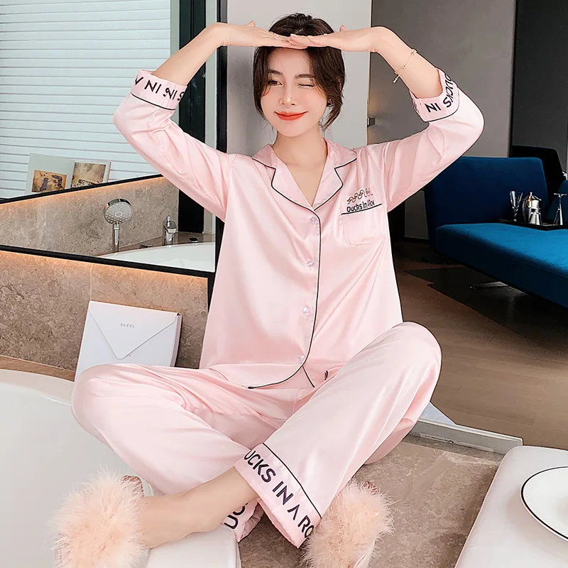 Ice Women Pijamas Set Pure ColorSilk Thin Section Simple Suit AutumnCasualSpring and Autumn Pajamas Women Home Service