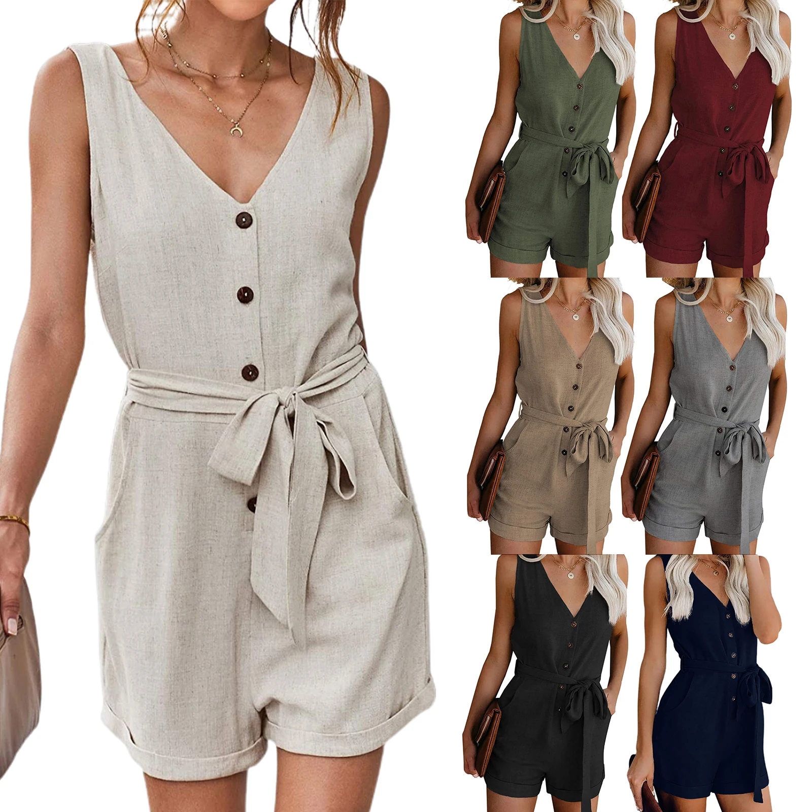 

VS&LLWQ Women Jumpsuits V-neck Single Breasted High Waist Band Casual Cotton Sleeveless Summer Jumpsuit 2021