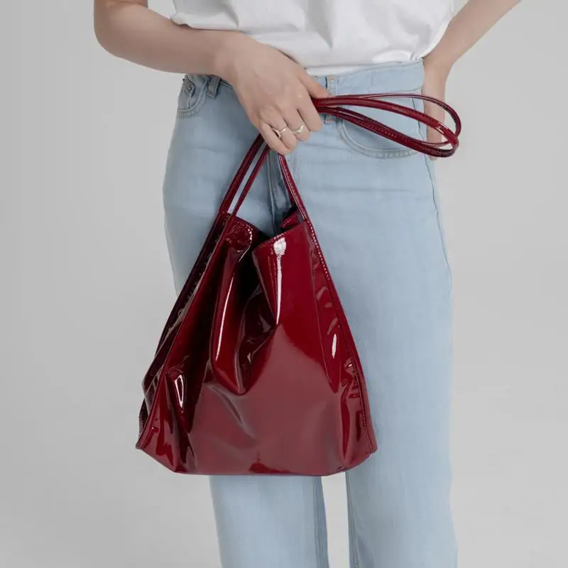 

Shopping Bags Patent Leather Glossy Fashion Leisure Korean Large Capacity Ladies Tote-bag Ulzzang Folding Students Shopper Bag