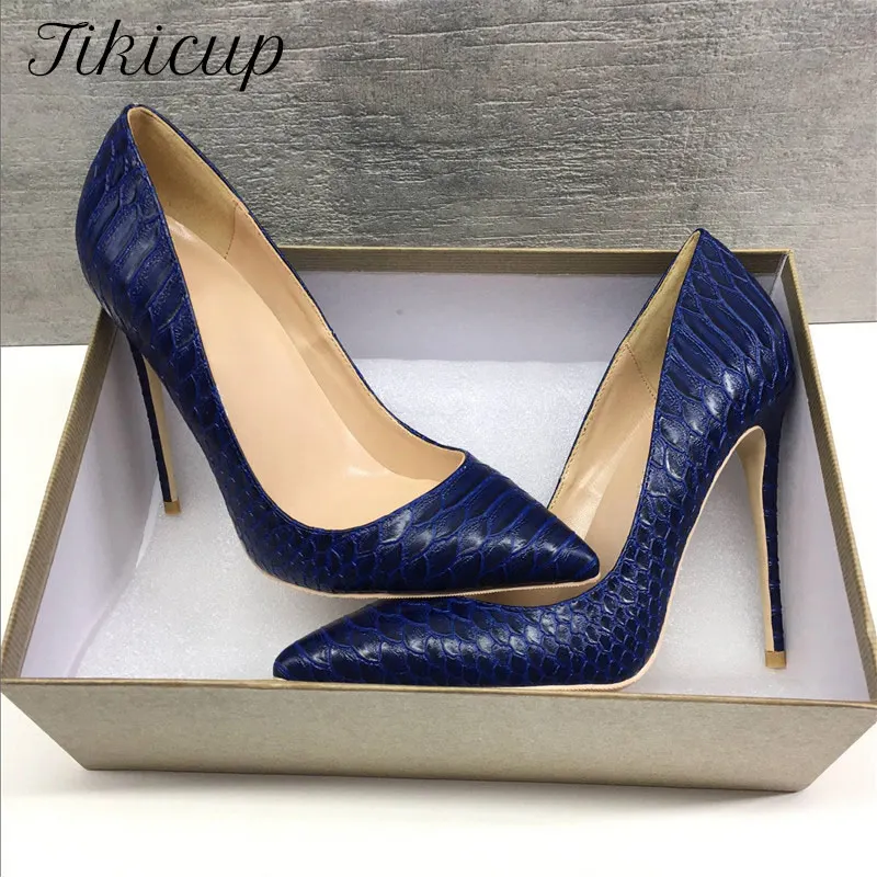 Tikicup Navy Blue Croc-Effect Women Pointed Toe High Heel Shoes Elegant Ladies Fashion Stiletto Pumps Plus Size 34-45