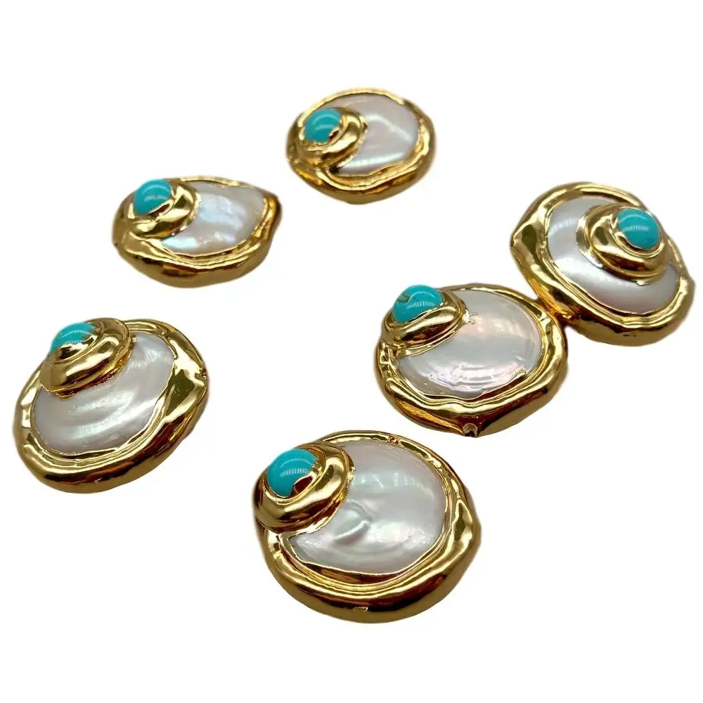 10 pcs Cultured White Coin Pearl Beads Trimmed With Blue Turquoise Metal Bezel