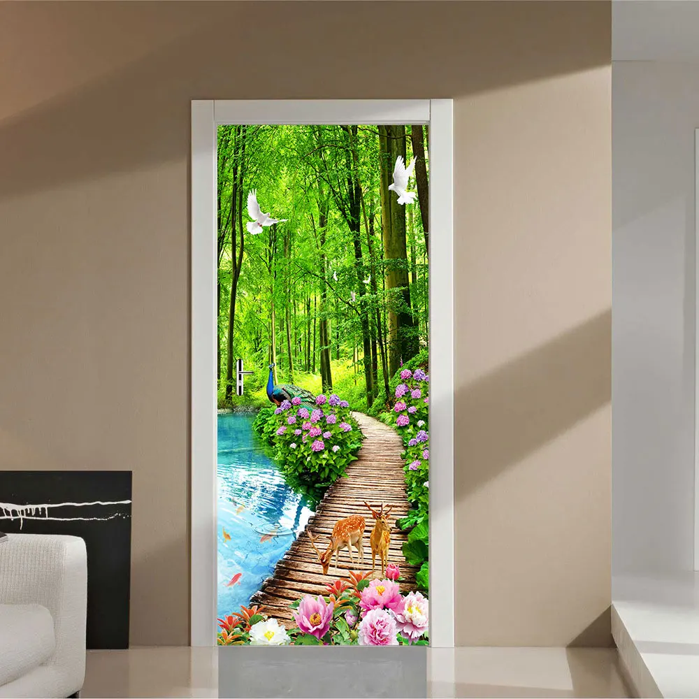 Forest Fawn Peacock White Pigeon Path DIY Door Sticker Home Decoration Wall Sticker Living Room Art Mural Peel & Stick Wallpaper