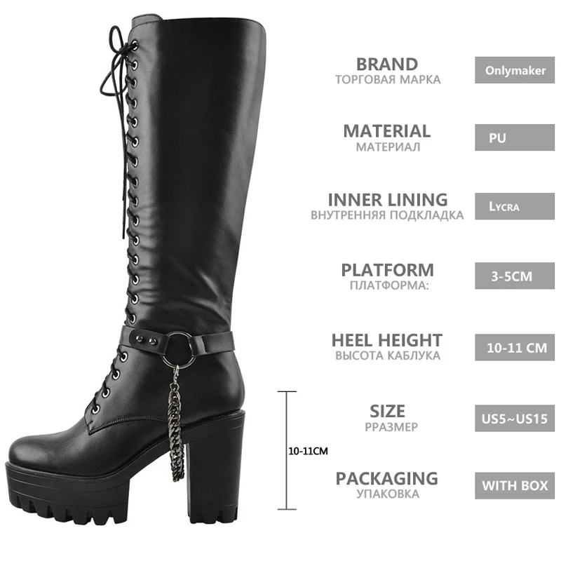 Onlymaker Women Black Matte Platform Front Lace-Up Side Zip Knee High Boots Lady Fashion Classic Big Size Winter Boots