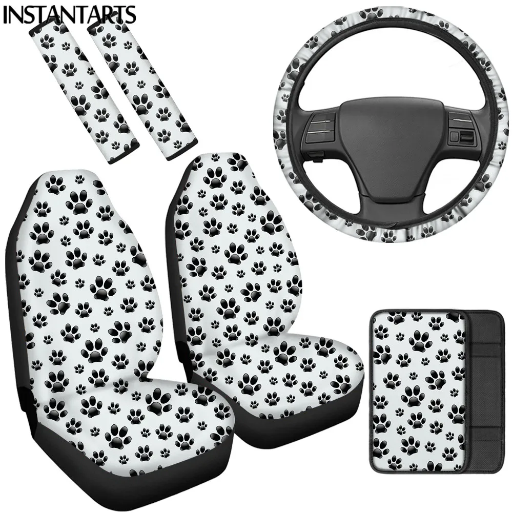 INSTANTARTS Paw Themed Print Car Interior Seat Covers Easy Clean Safety Belt Cover Car Armrest Cover Soft Steering Wheel Cover