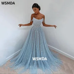 Shiny Beaded Prom Dress Off The Shoulder Glitter Tulle A-Line Arabic Evening Gown Tulle Long Party Dress 2021