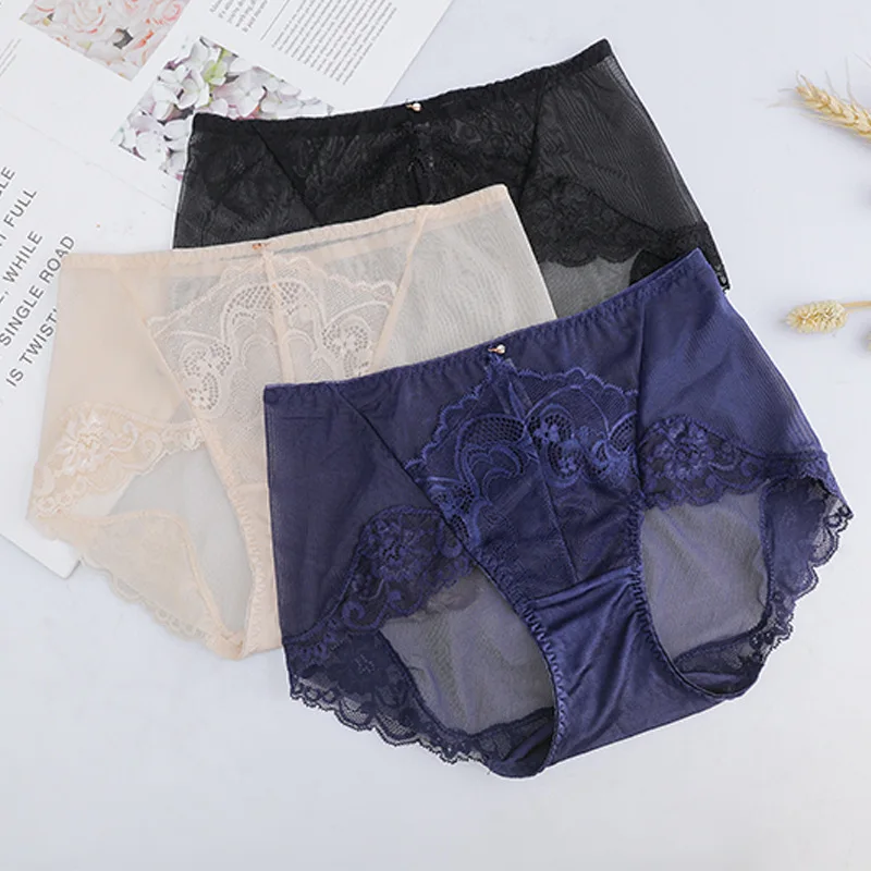 Birdsky, 3pcs 100% natural mulberry silk Women briefs panties underwear, sexy lace mesh, mid waist, quick dry, 3 colors. OR-34