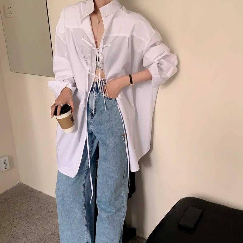 Shirts Women Long Sleeve Solid Spring Office Lady Back Slit Design BF Style Streetwear Vintage All-match Lesiure Femme Clothing