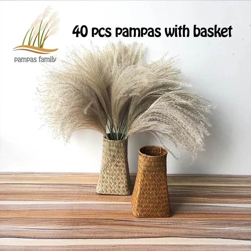 pampas grass decor dried flowers contain Hand Woven Wicker Basket Seagrass feather flowers wedding decor Natural dried bouquet