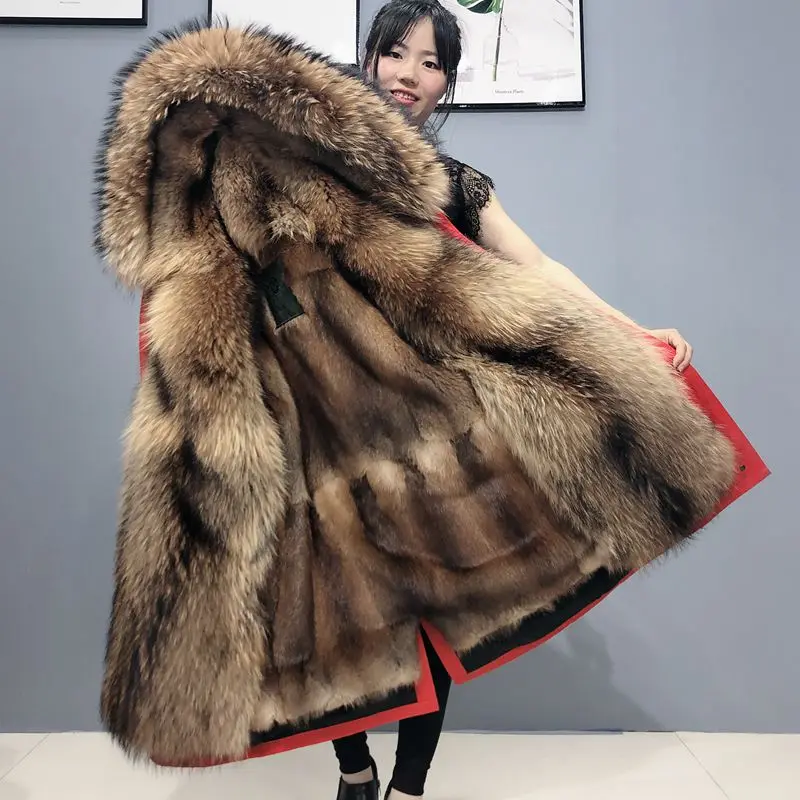 Lavelache Winter Women Real Mink Fur Coat Super Big Raccoon Fur Collar Hooded Jacket Long Thick Warm Detachable Parka