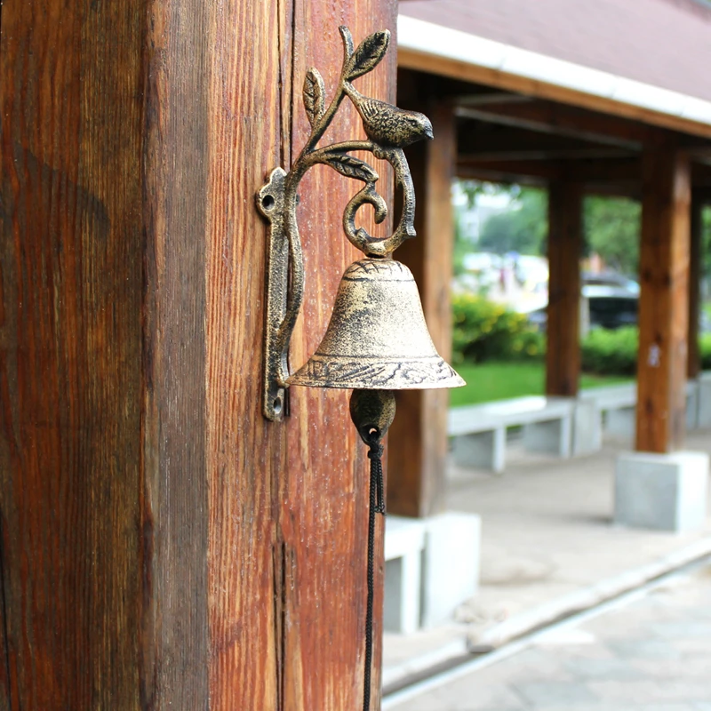 Antique Gold Bird Branch Cast Iron Wall Bell European Country Accent Handmade Metal Wall Mounted Hand Cranking Welcome Door Bell