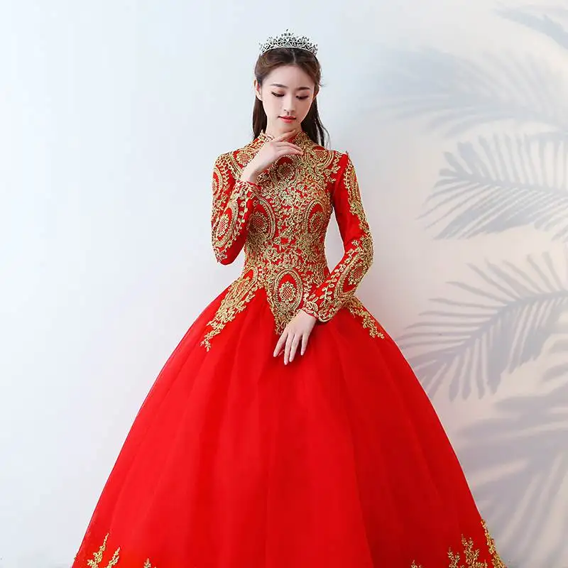 2020 Islamic Red Gold Lace Sequins Muslim Wedding Dress Long Sleeves Arabic Bridal Gowns Dubai Colorful Bride Ball Gown Dresses