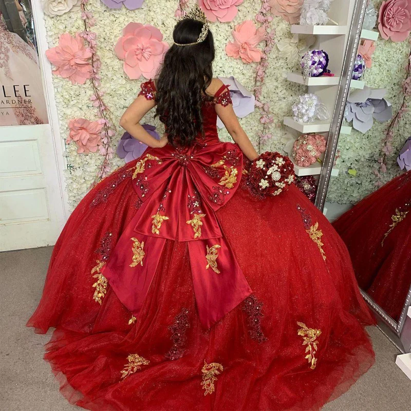 Impresionante vestido rojo de princesa quinceañera, embellecedor dorado con lentejuelas, dulce 16 Vestidos de corsé sin hombros 15 años