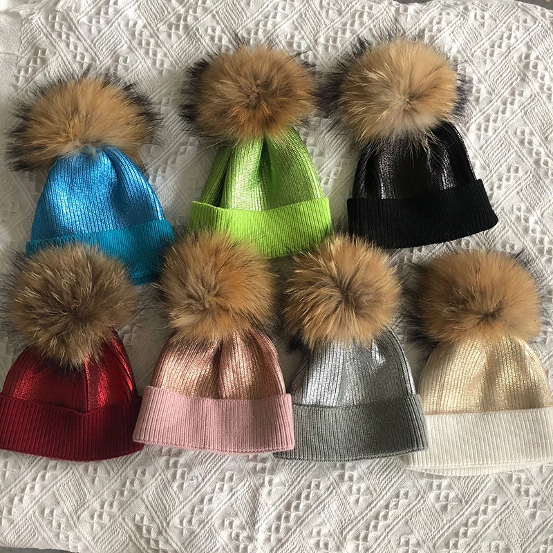 Gorro de lana de punto para niño y niña, gorro con pompón de piel Real, estampado metálico, dorado, plateado, rosa, negro, Invierno