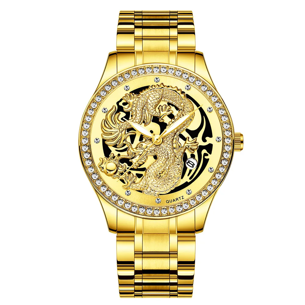 Mens Watches Top Luxury Fashion Dragon Golden Quartz Watch Diamond Dial Waterproof Stainless Steel Clock Male Relogio Masculin