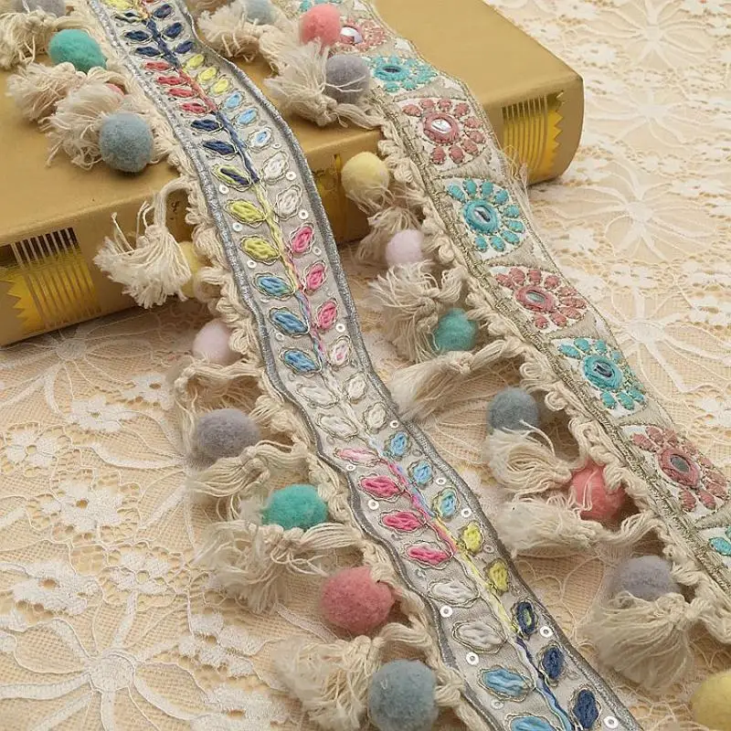 1yards Ethnic Style Embroidered Jacquard Tassel Hairball Lace Ribbon diy Home Textiles Clothes Hat Decoration Accessories