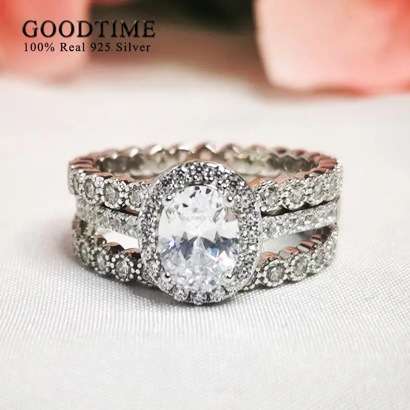 Luxury Bridal Set Pure 100% 925 Sterling Silver Women Ring 3 Pcs Engagement Zircon Ring Band Jewelry Gift For Wedding Party