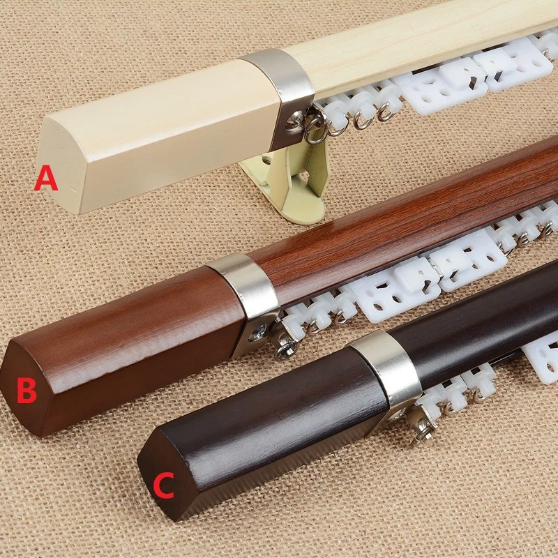 Solid wood square decorative head Roman rod pulley curtain rod thick aluminum alloy track mute single pole double pole