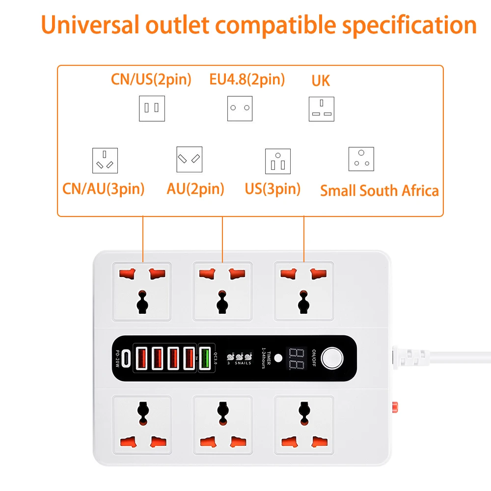 PD QC3.0 Fast Charger USB Power Strip With Switch Universal 6  AC Jack Extension Socket With Timer Socket 3000W