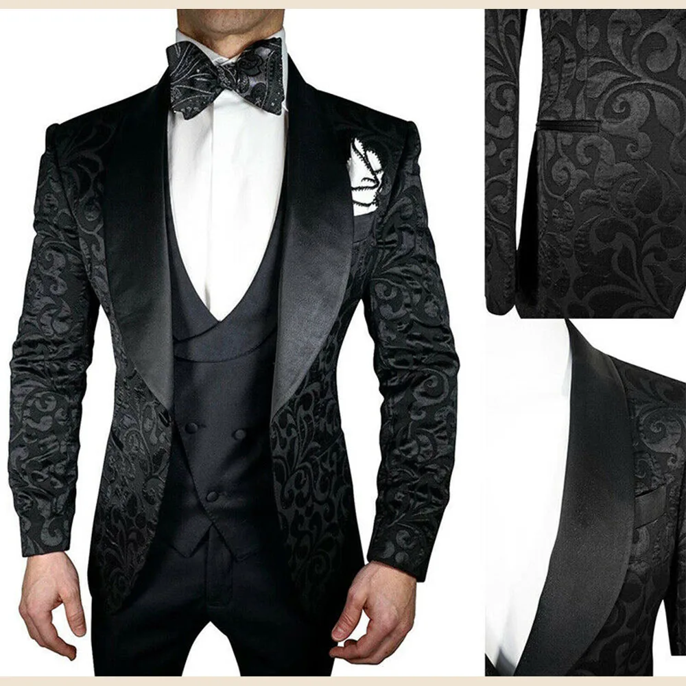 

YIWUMENSA Black Jacquard Men Suits Formal Blazer Masculino Custom Made Peaked Satin Lapel Jacket+Vest+Pants 3 Pieces Set Tuxedos