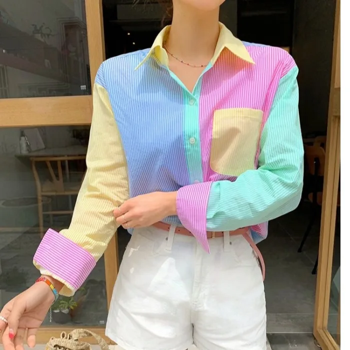 Korea Summer Women Fashion Hit Color Striped Long Sleeve Casual Shirts 2024 Female Turn Down Collar Chic Casual Blouses Top