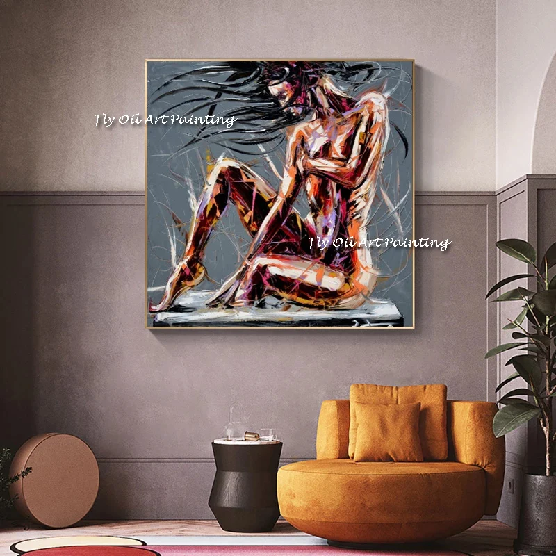 

Abstract Nude Women 100% Handmade Square Oil Painting for Living Room Long Hair Naked Women on Canvas Wall Art Picture